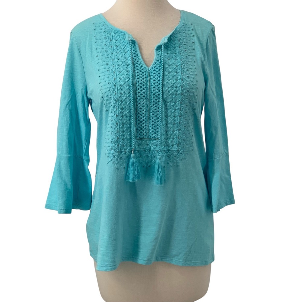 Chico's 3/4 Bell Sleeve Embroidered Tunic Top Boho Turquoise Silver Beaded 0/Sm
